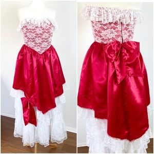 Vintage 80s Red Satin Prom Maxi Dress Southern‎ Belle Sweetheart // Size Small